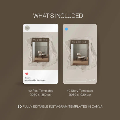 Two smartphone screens displaying Instagram post and story templates with text on a brown background.