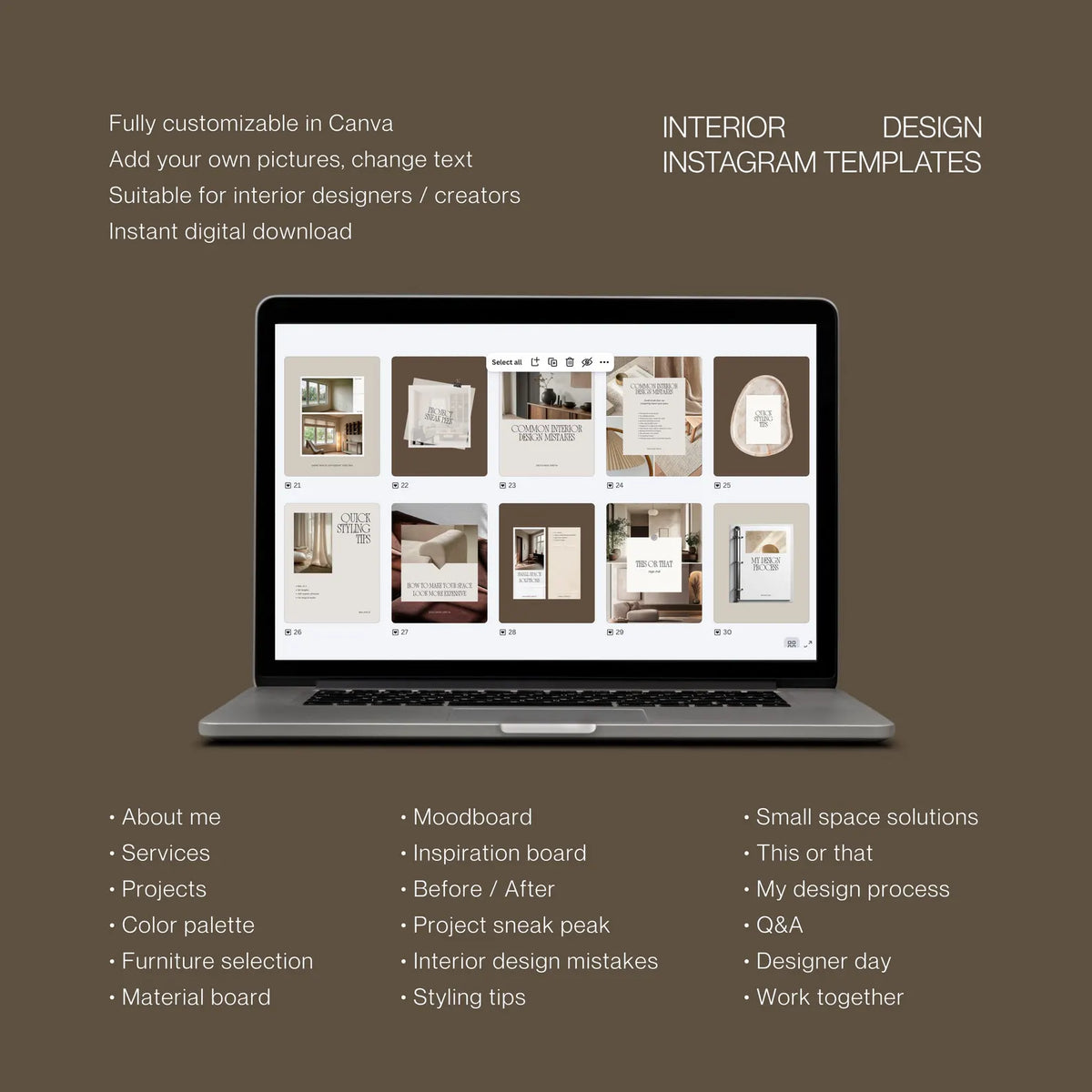 Interior Design Social Media Kit 80 Posts Minimalist Blueprint — Canva ...