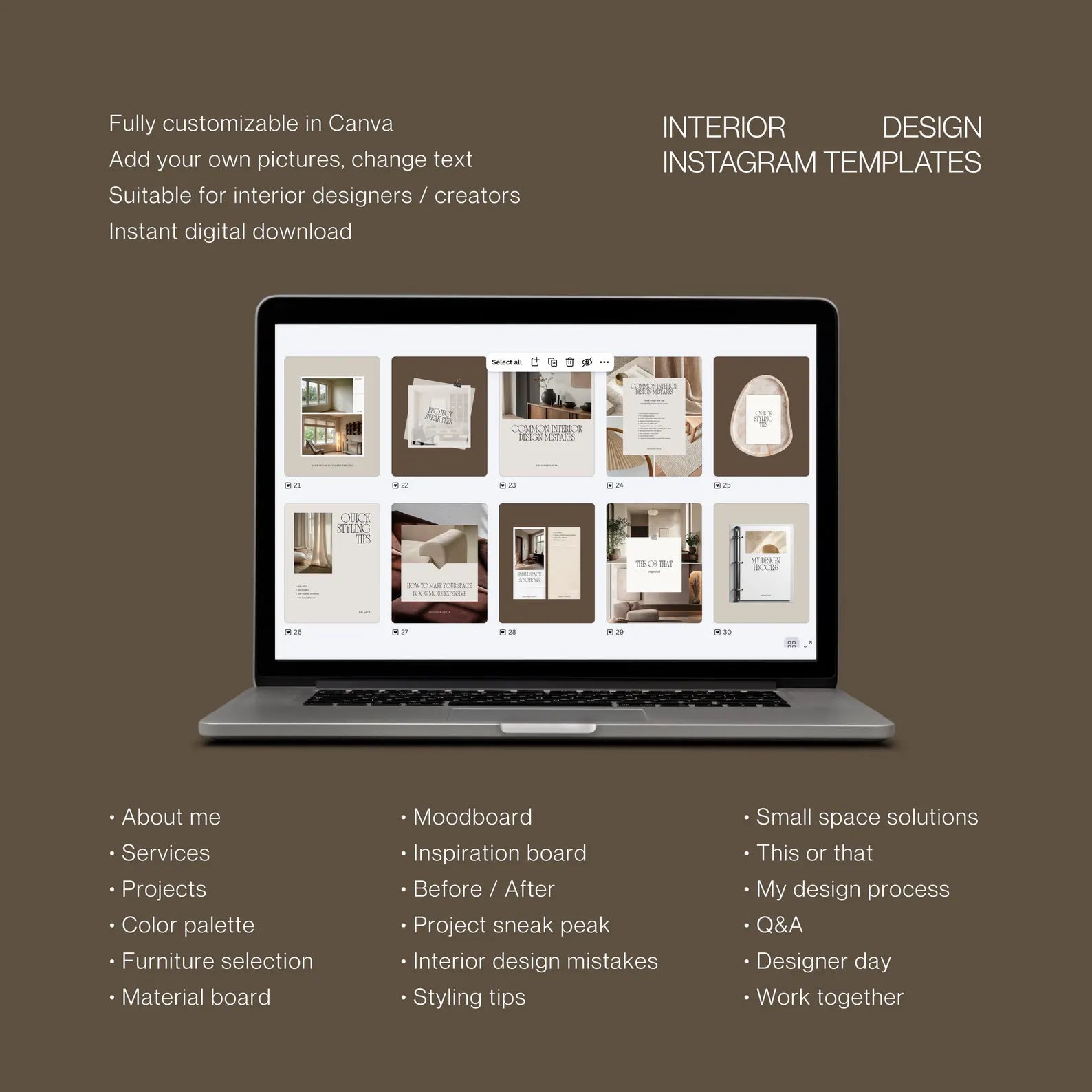 Laptop displaying interior design Instagram templates on a brown background