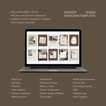 Laptop displaying interior design Instagram templates on a brown background