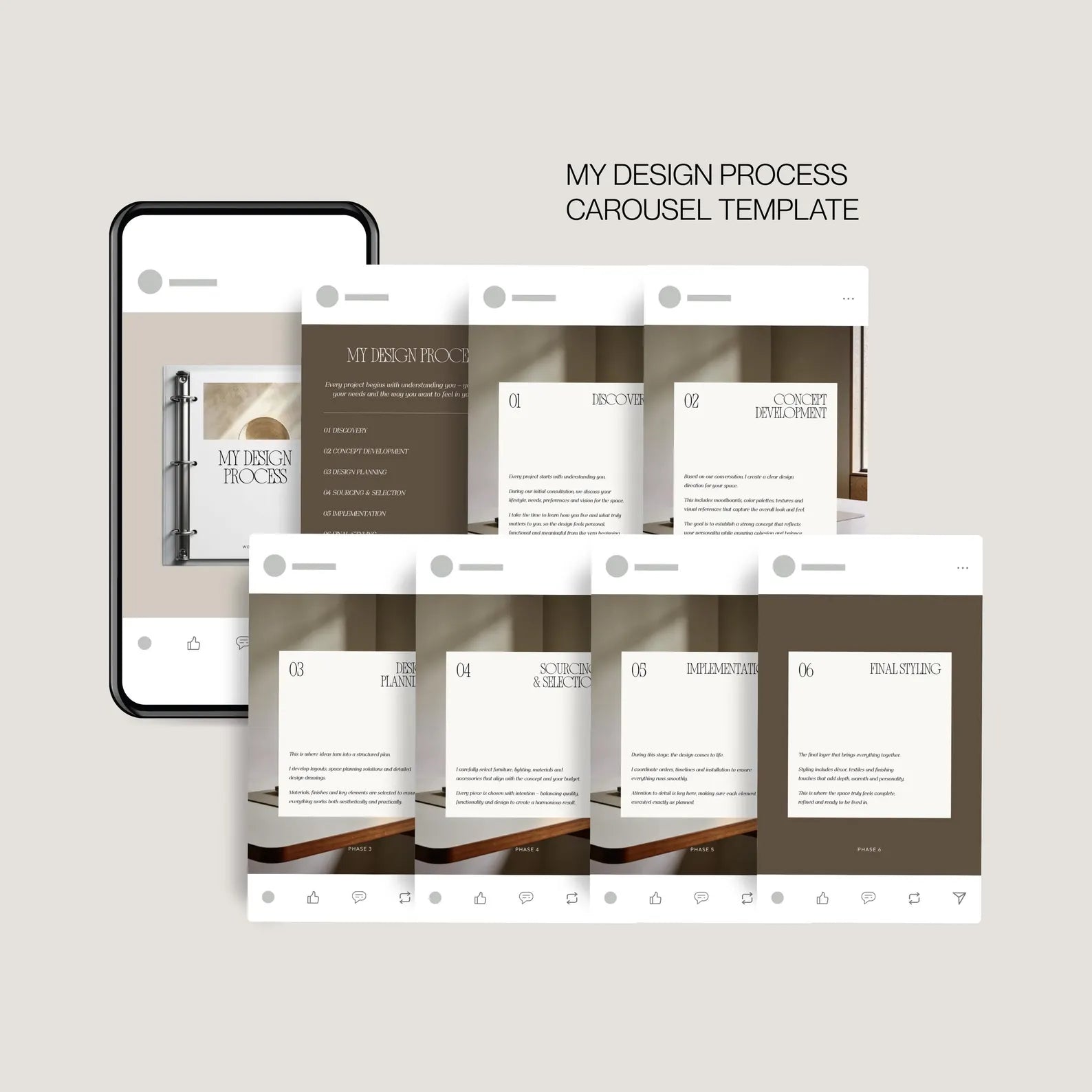Carousel template for design process on a smartphone screen with text 'My Design Process Carousel Template'.