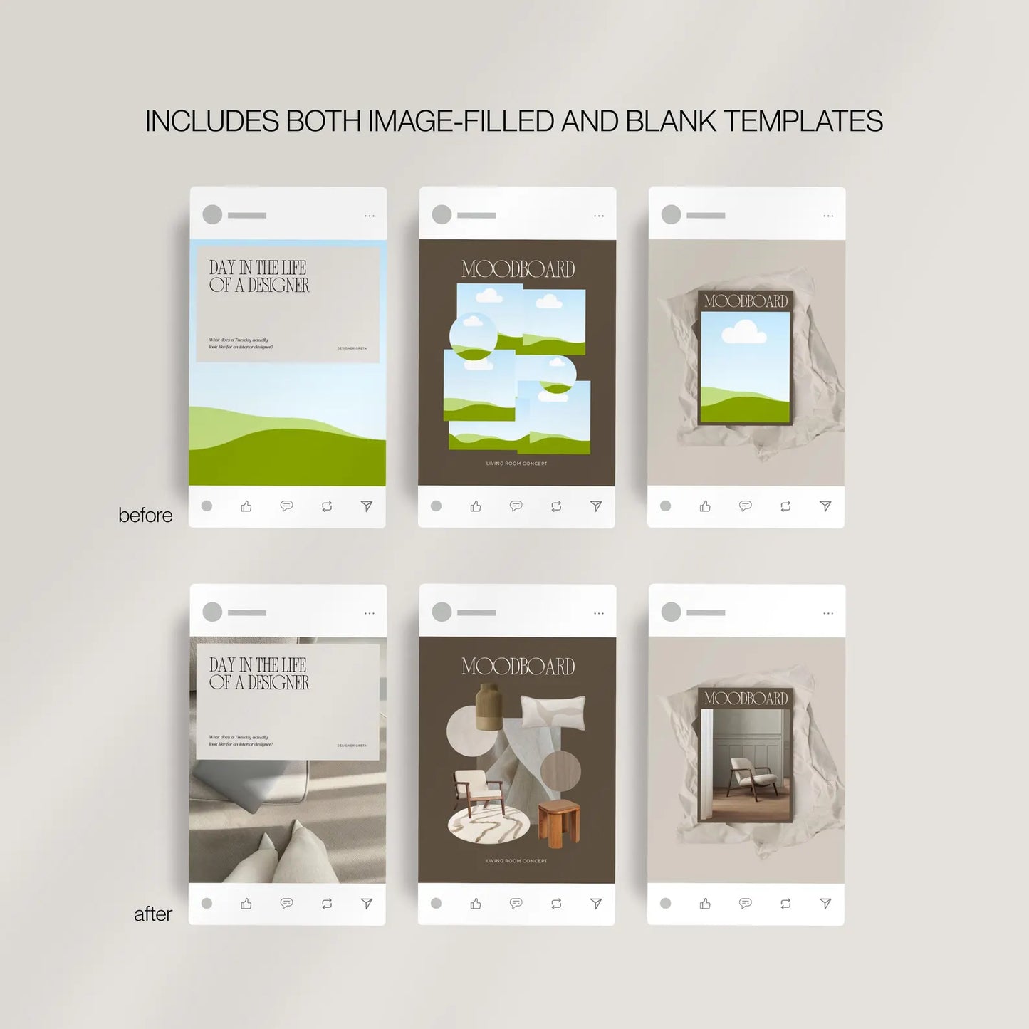 Before and after comparison of magazine cover templates on a light gray background