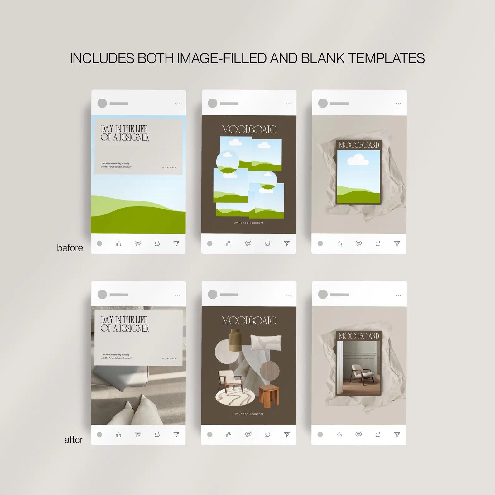 Before and after comparison of magazine cover templates on a light gray background