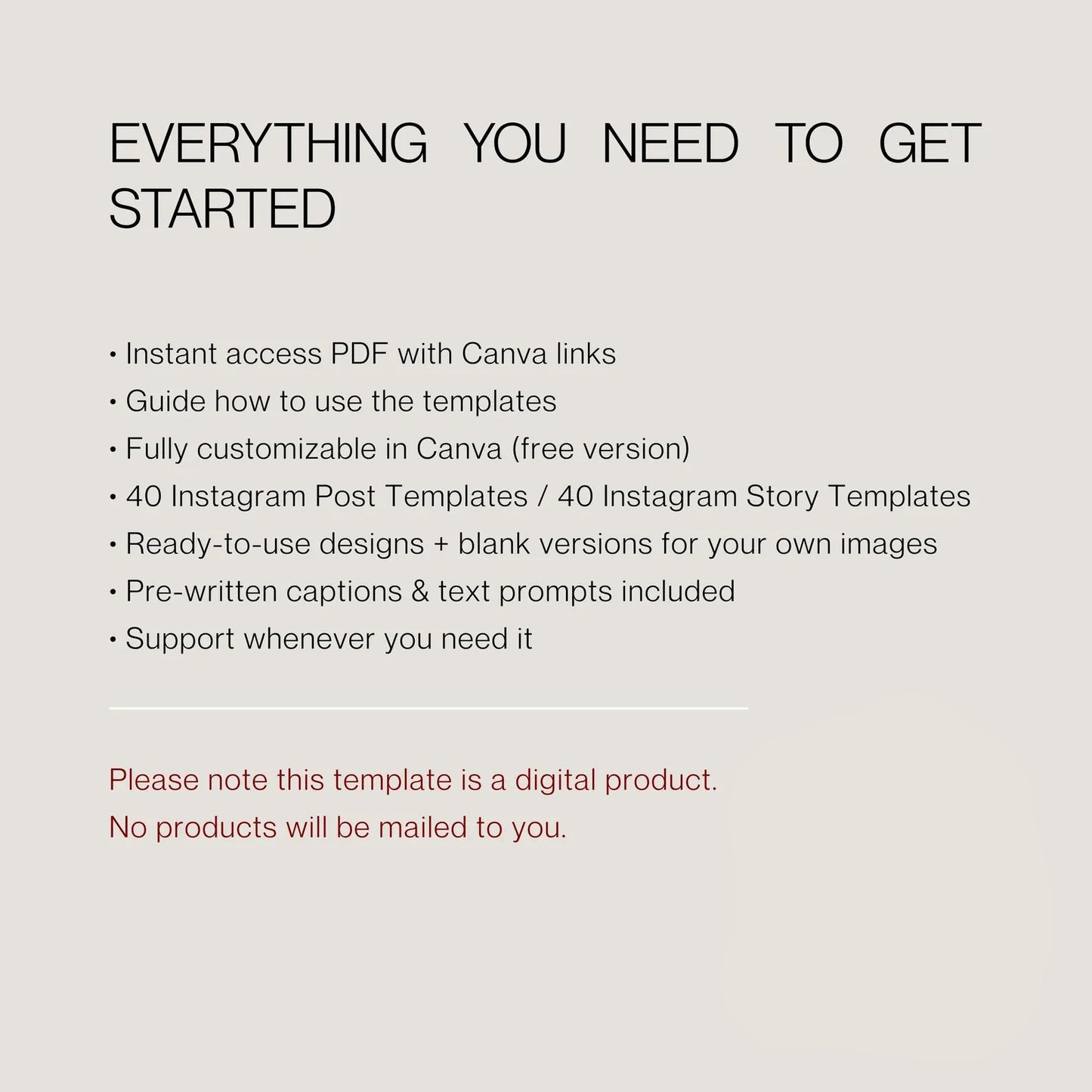 Promotional text for a digital product with Canva links and templates on a light gray background.