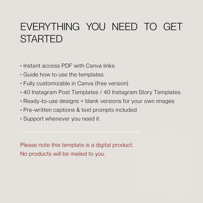 Promotional text for a digital product with Canva links and templates on a light gray background.