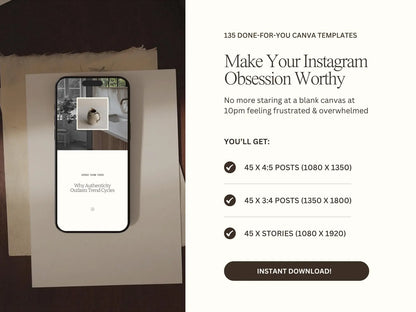 Phone with Canva design on screen, next to promotional text for Instagram templates.