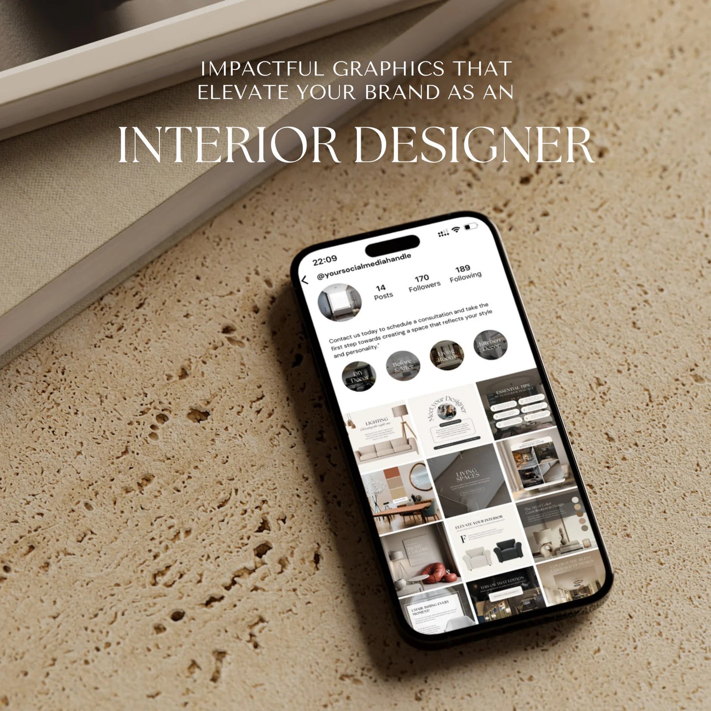 Phone displaying an interior design Instagram profile on a textured surface with text overlay.