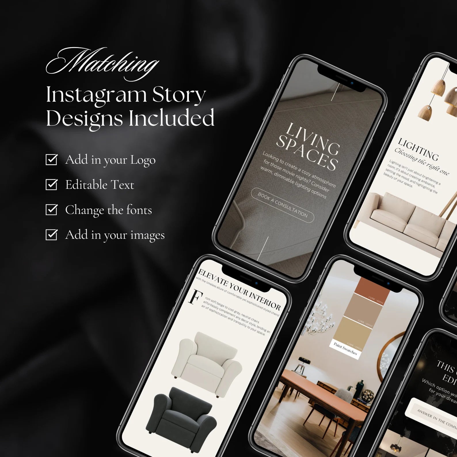 Smartphones displaying interior design-themed Instagram Story designs with text overlay on a dark background.
