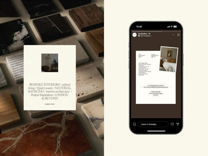 Phone screen displaying a design project on a white background with wooden textures in the background.