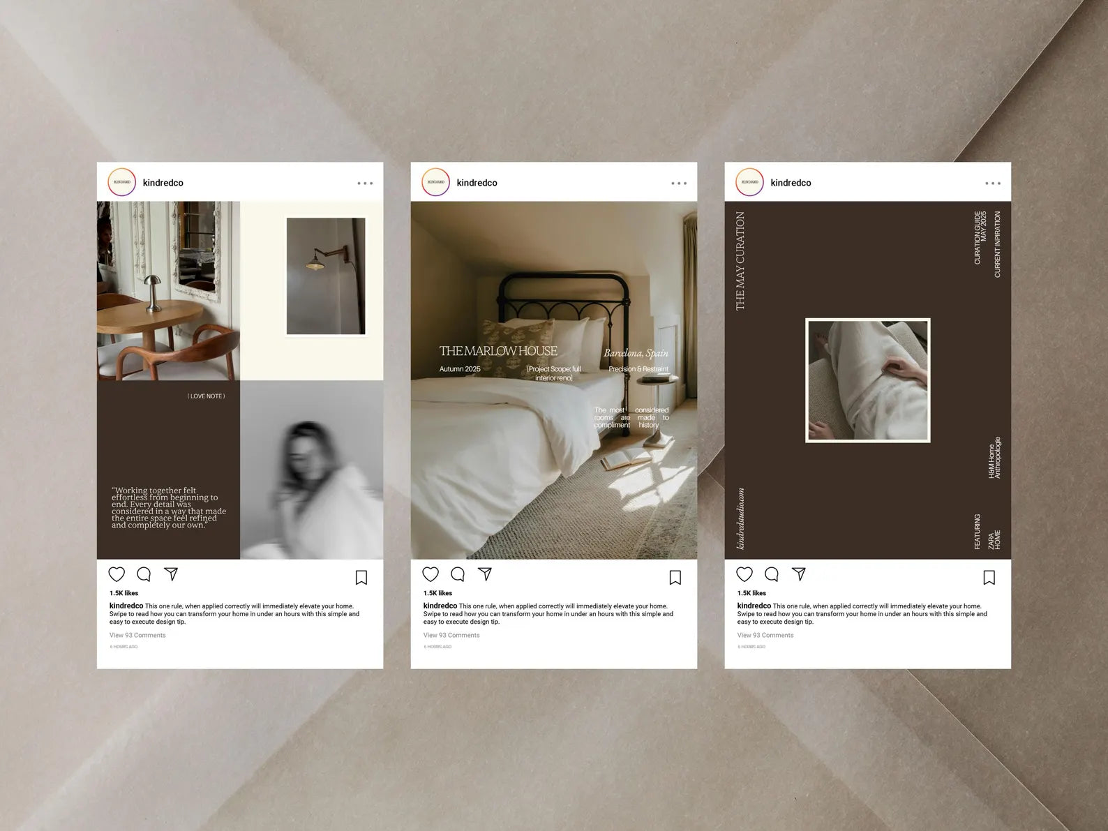 Three smartphone screens displaying interior design images on a neutral background