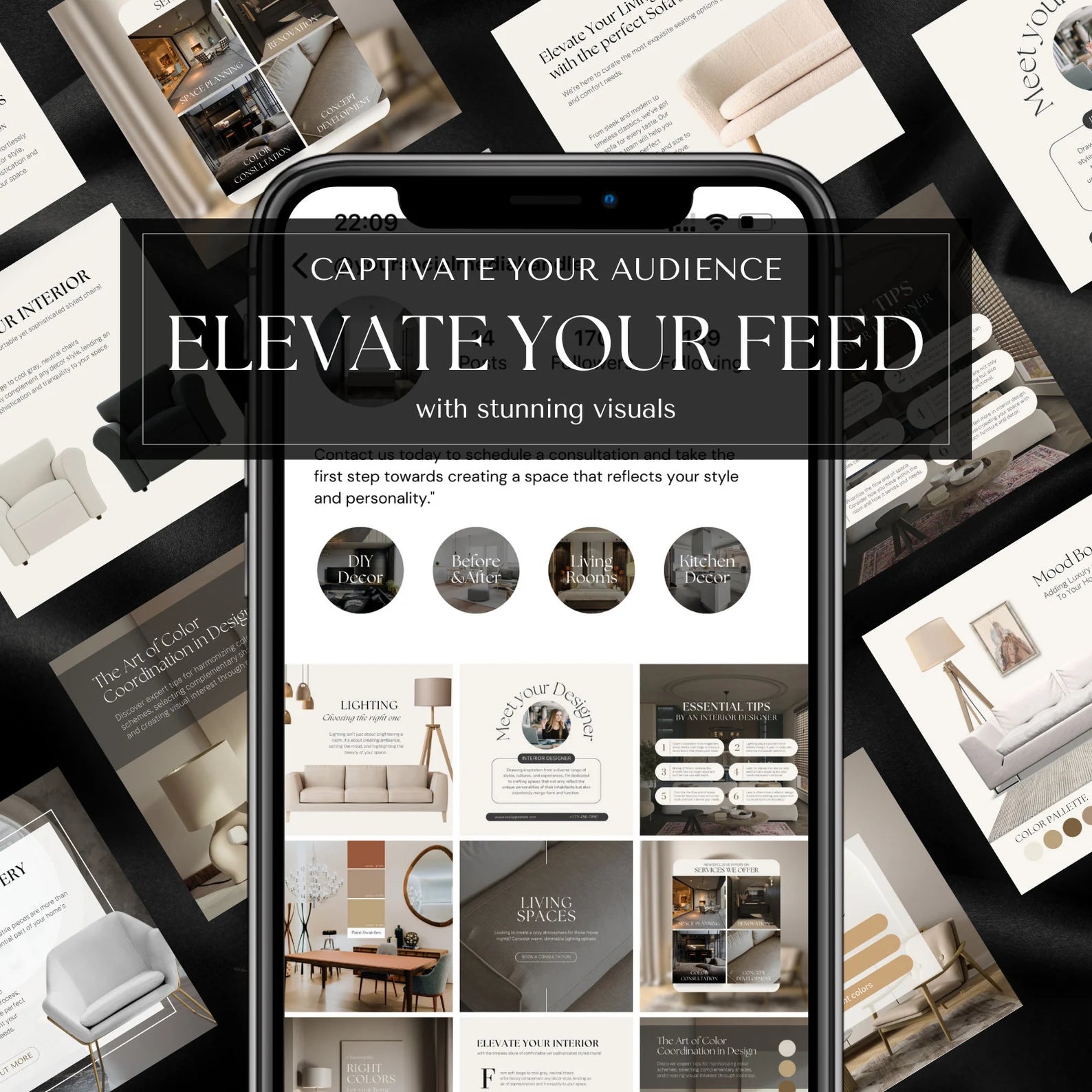 Phone screen displaying interior design app with magazine covers on a black background