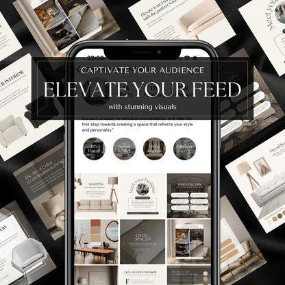 Phone screen displaying interior design app with magazine covers on a black background