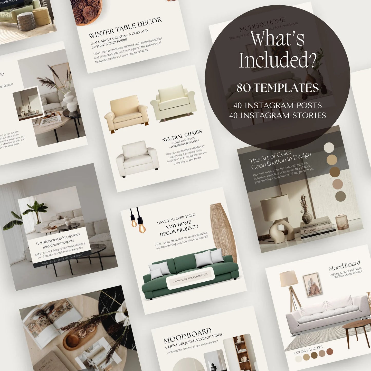 Collage of design templates and posts for Instagram with furniture and decor elements.