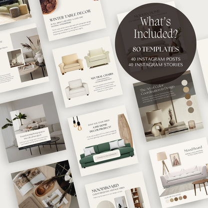 Collage of design templates and posts for Instagram with furniture and decor elements.