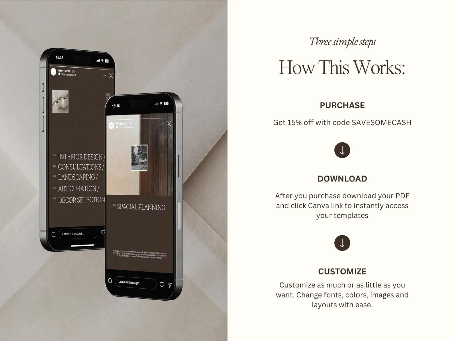 Two smartphones displaying a design app interface with text on a neutral background.