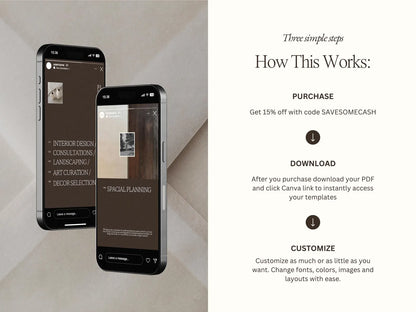 Two smartphones displaying a design app interface with text on a neutral background.