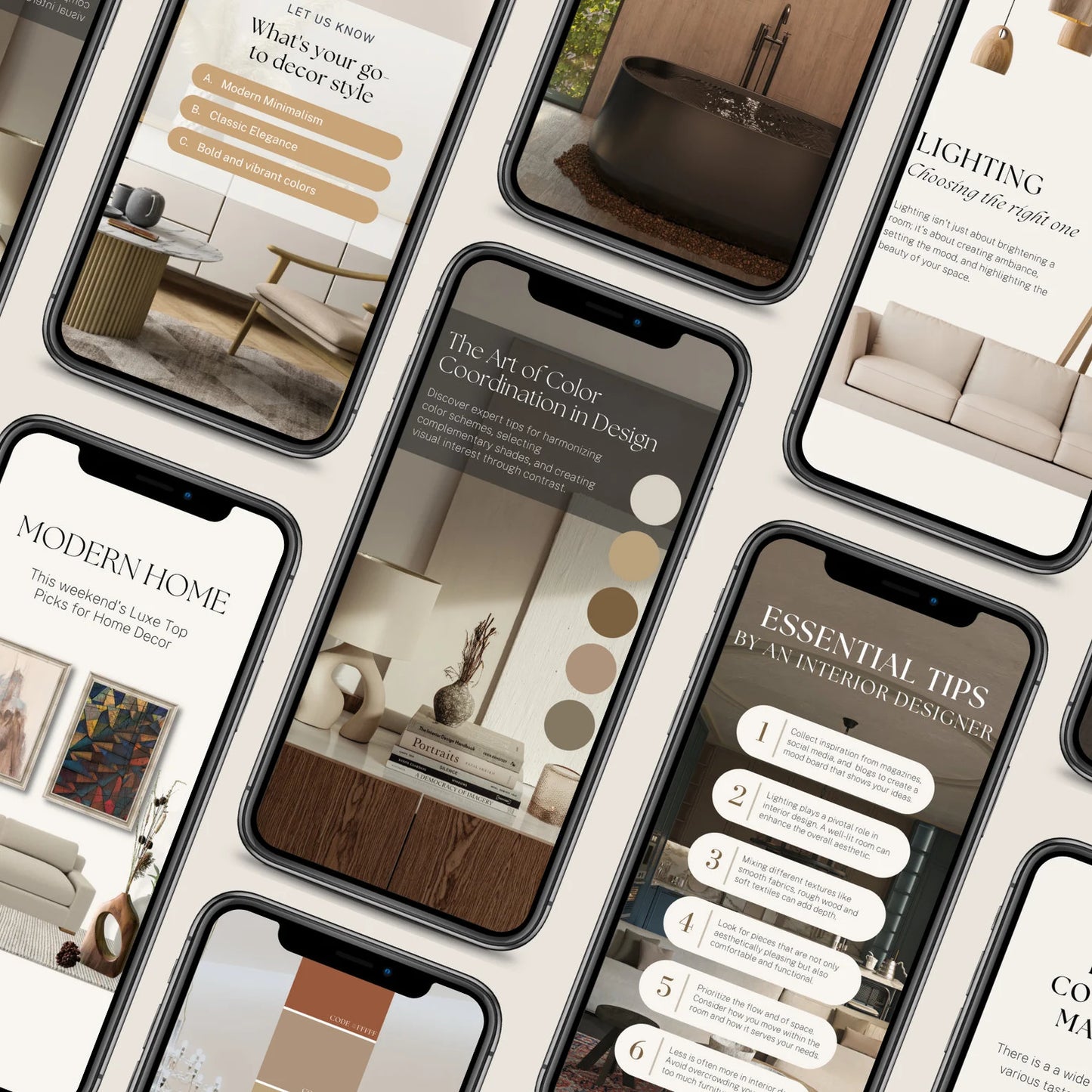 Collage of smartphone screens displaying interior design tips and inspiration.