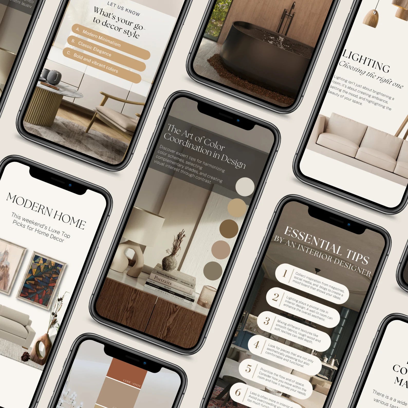 Collage of smartphone screens displaying interior design tips and inspiration.