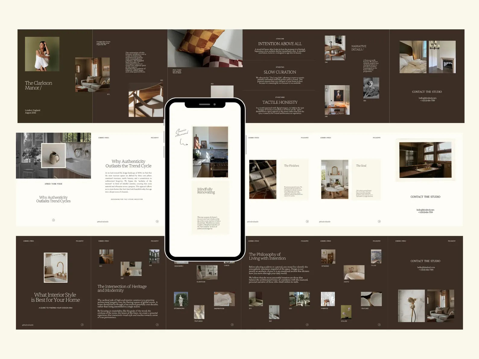 Phone displaying a website with multiple pages open, showing various images and text.