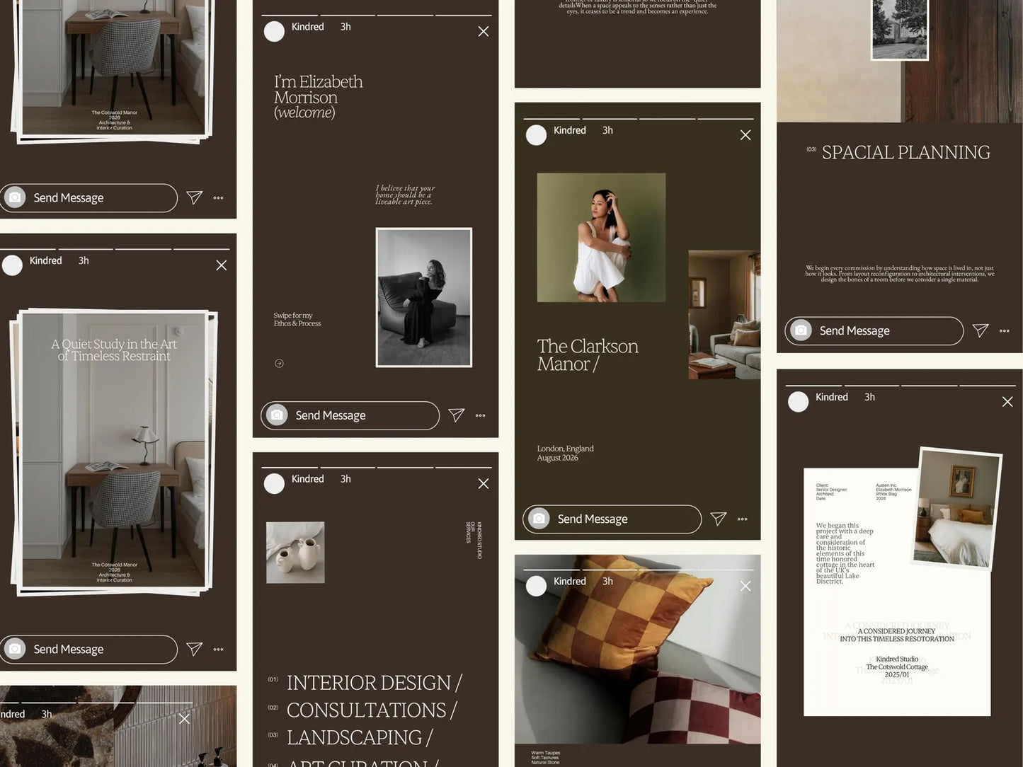 Collage of interior design consultations with images and text on a brown background