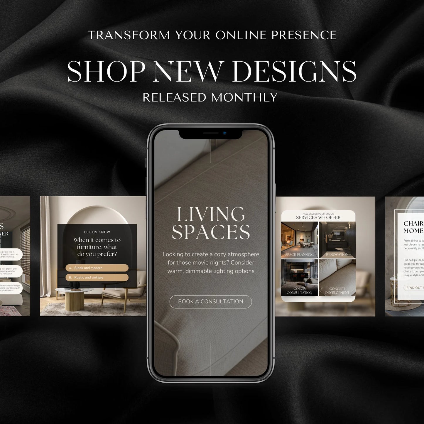 Smartphone displaying a design app with living spaces theme on a black fabric background.