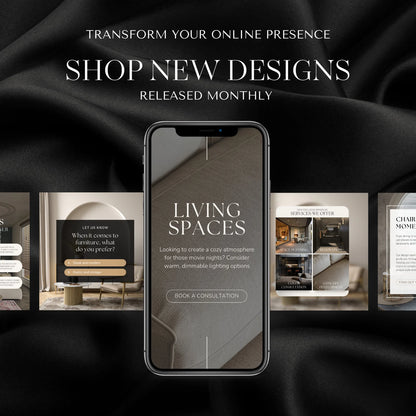 Smartphone displaying a design app with living spaces theme on a black fabric background.