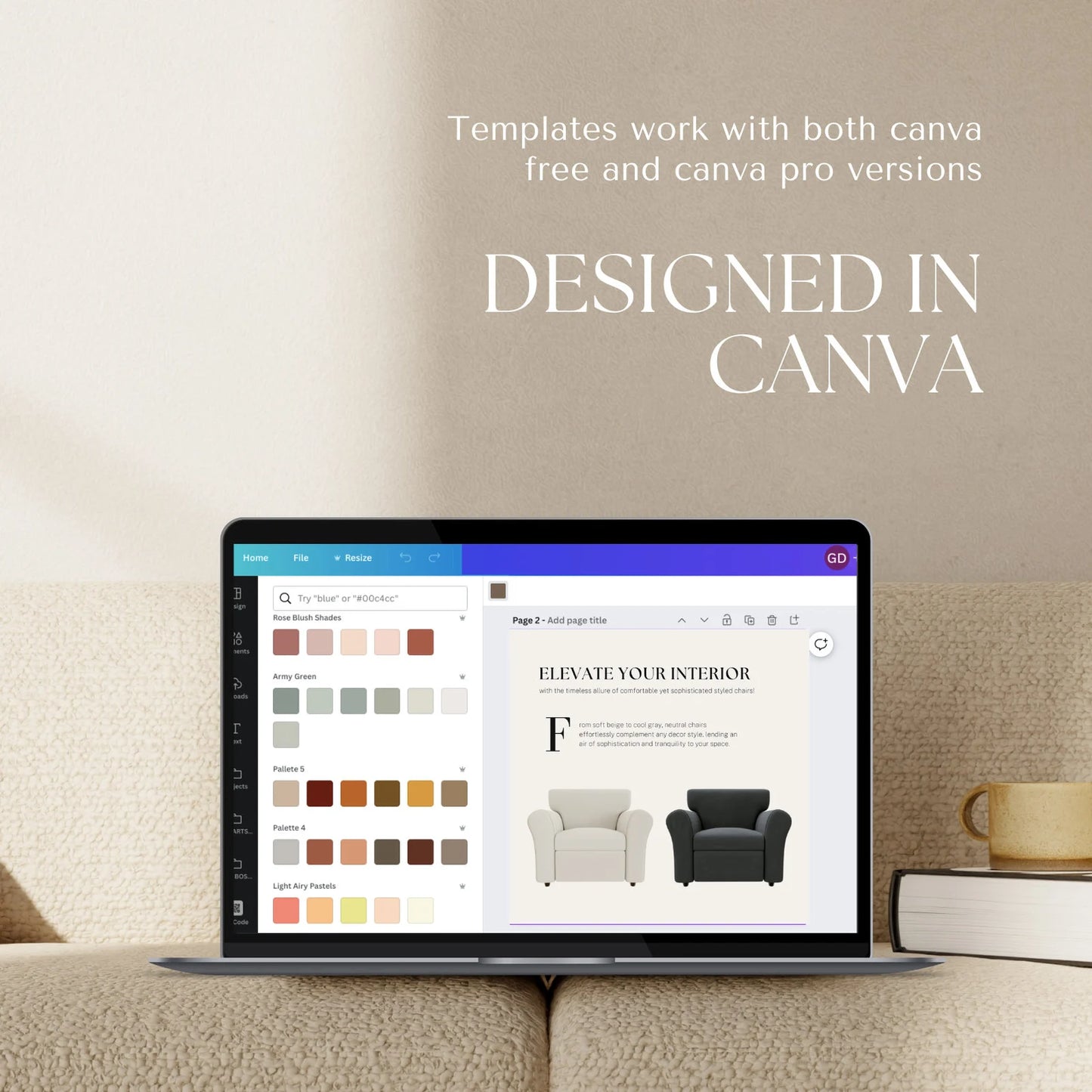 Laptop displaying interior design software with text 'Designed in Canva' on a neutral background