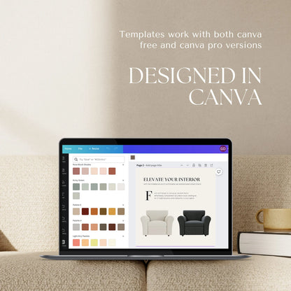 Laptop displaying interior design software with text 'Designed in Canva' on a neutral background