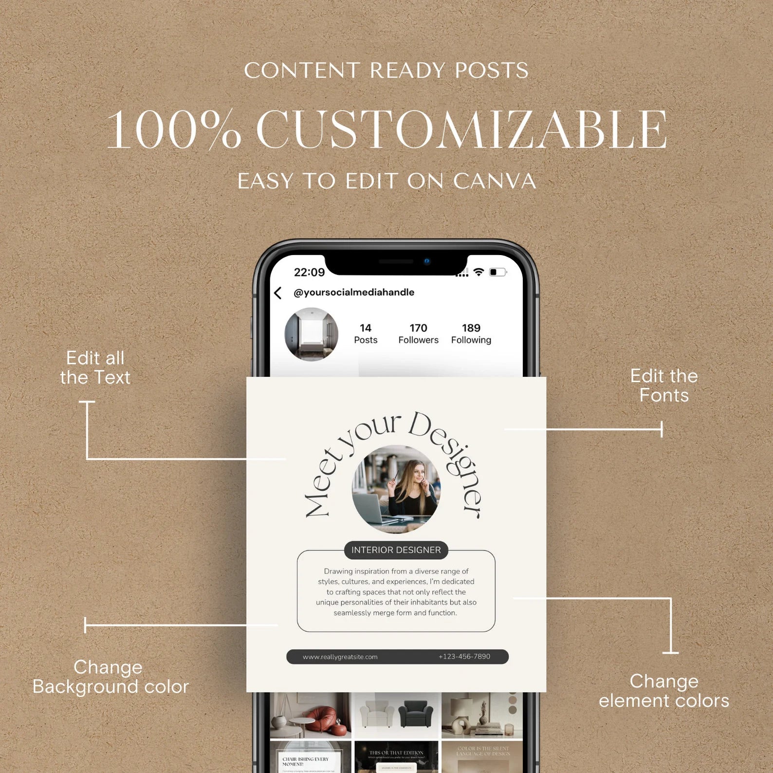 Smartphone displaying a customizable social media post on a brown background with text highlighting features.