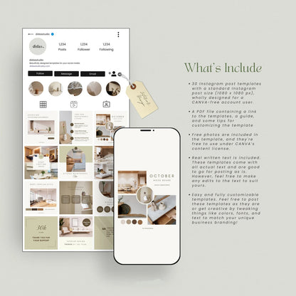 Instagram post templates with smartphone display and product description on a light gray background