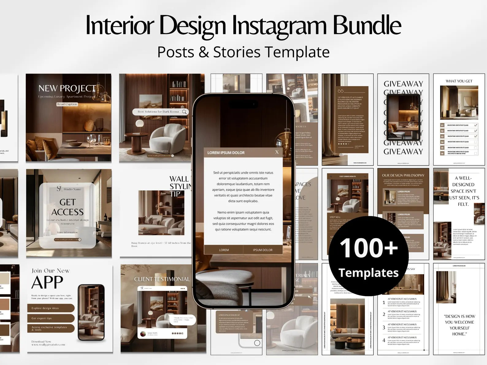 Interior design Instagram bundle with 100+ templates displayed on a phone screen.