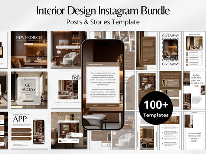 Interior design Instagram bundle with 100+ templates displayed on a phone screen.
