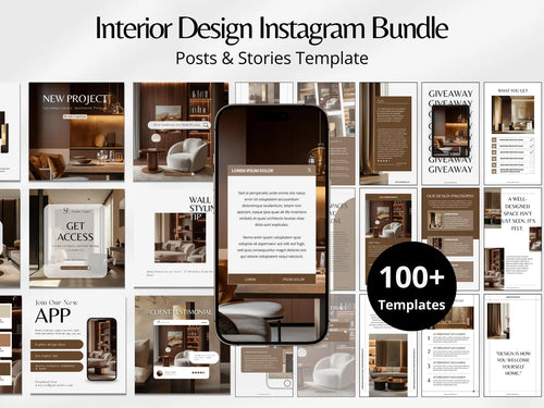 Interior design Instagram bundle with 100+ templates displayed on a phone screen.