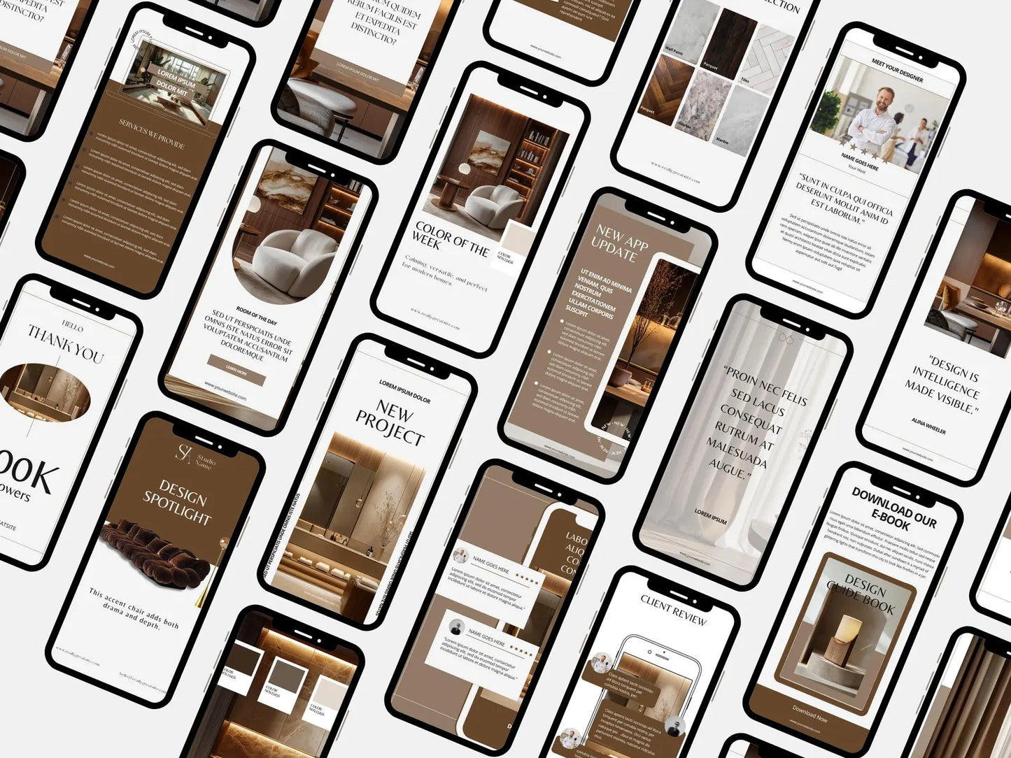 Pattern of smartphone screens displaying various app interfaces on a white background