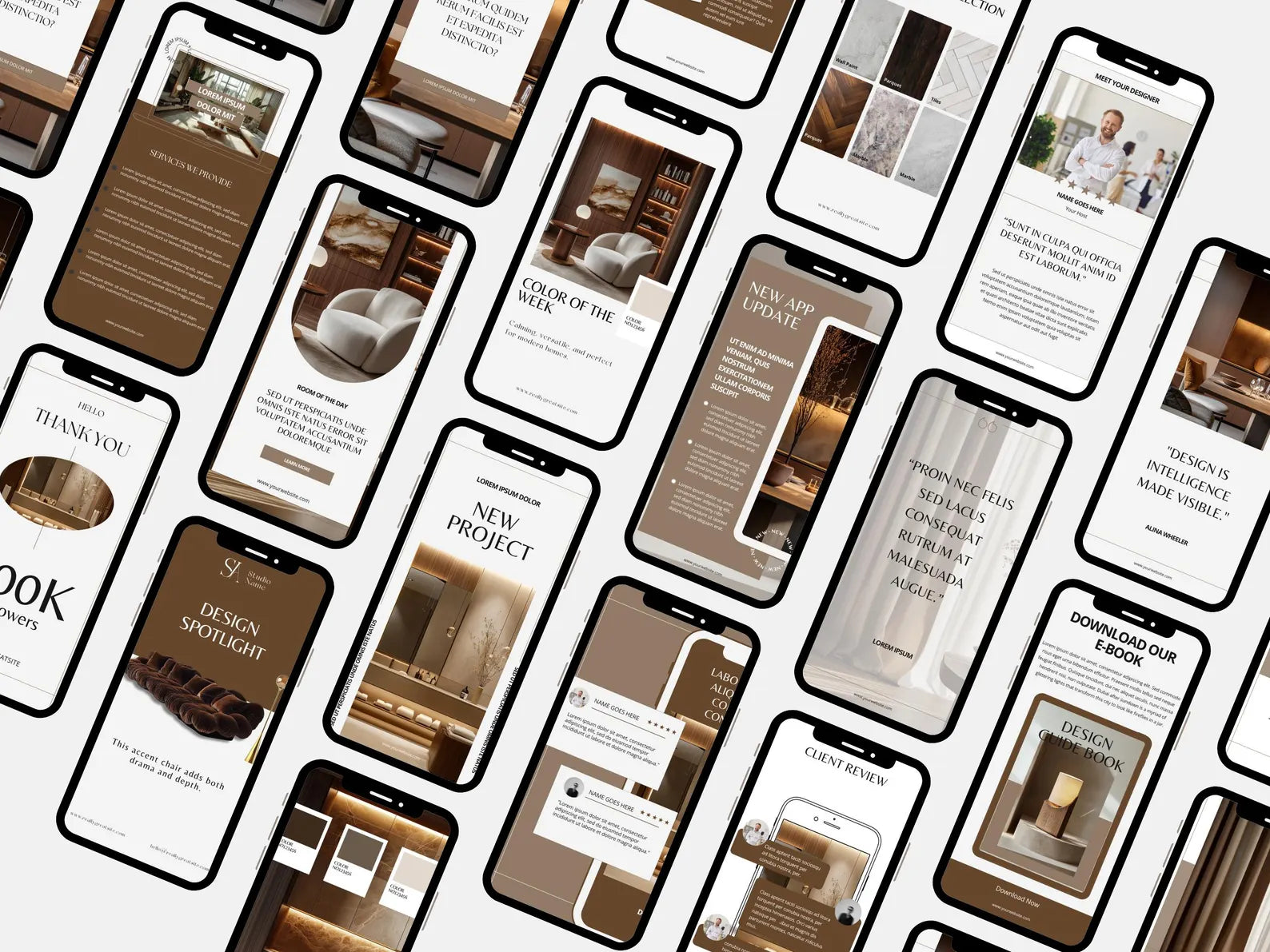 Pattern of smartphone screens displaying various app interfaces on a white background