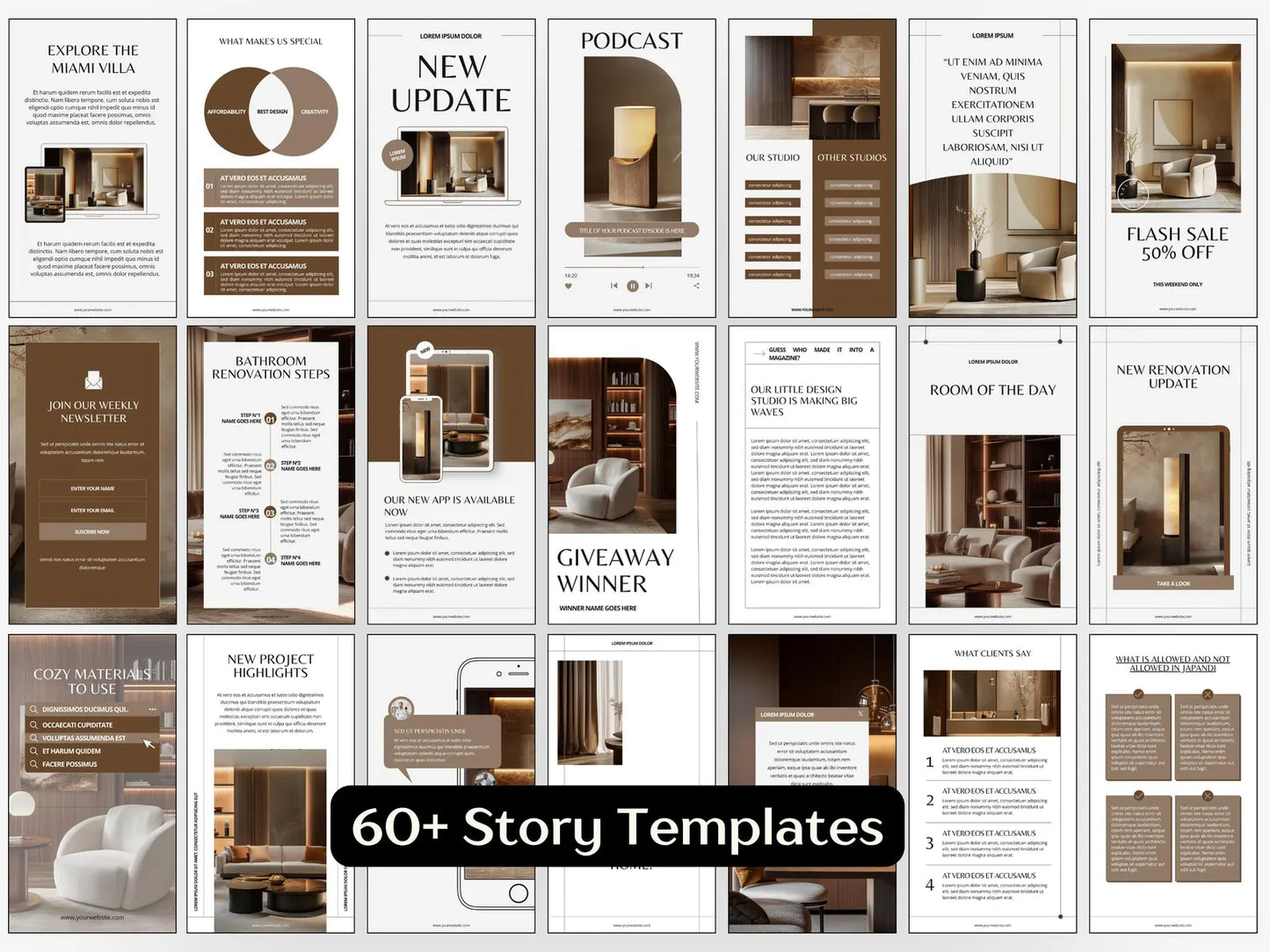 Grid of interior design magazine layout templates with text and images.