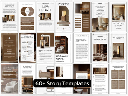 Grid of interior design magazine layout templates with text and images.