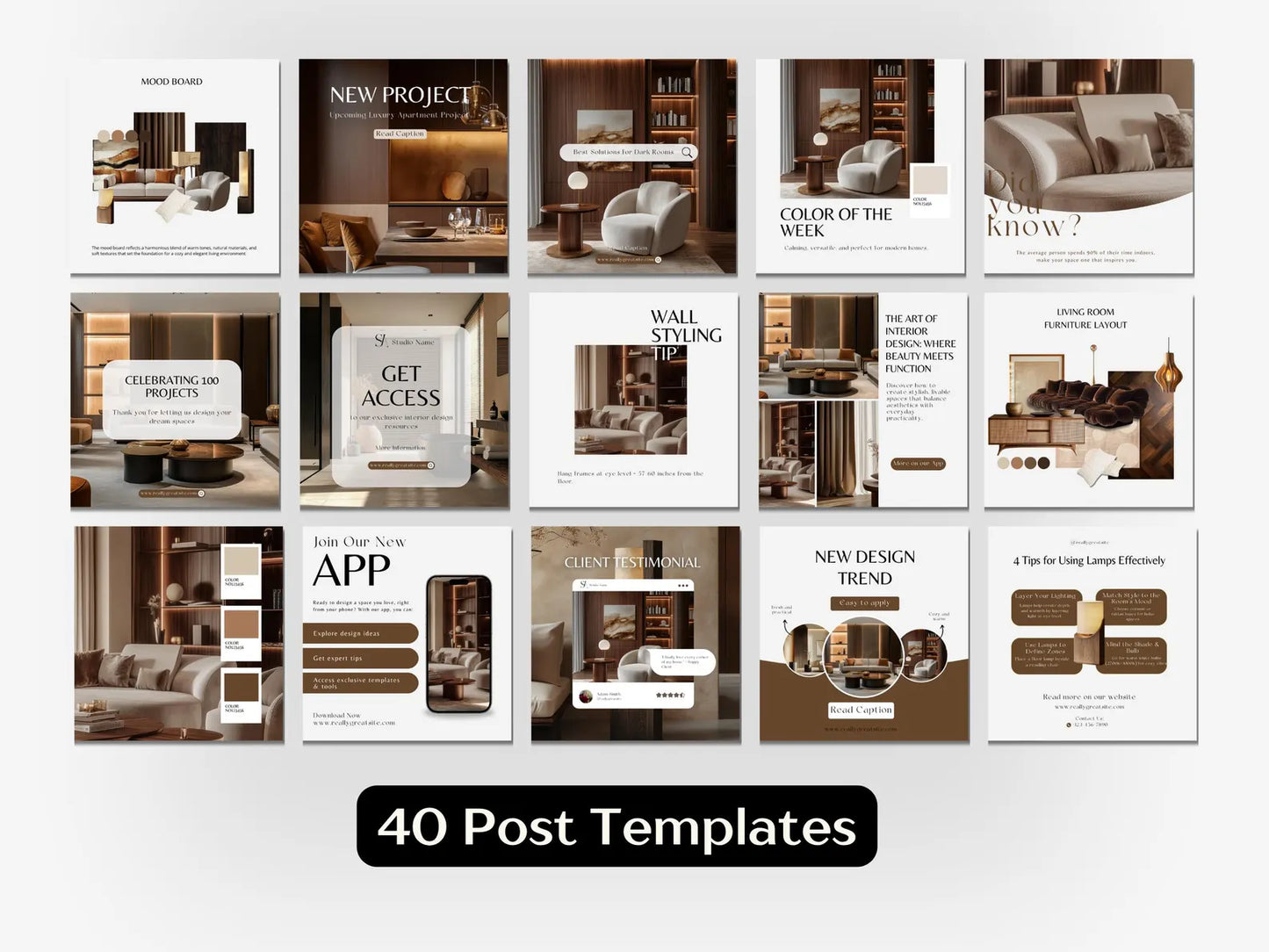 Collection of 40 social media post templates featuring interior design images and text.