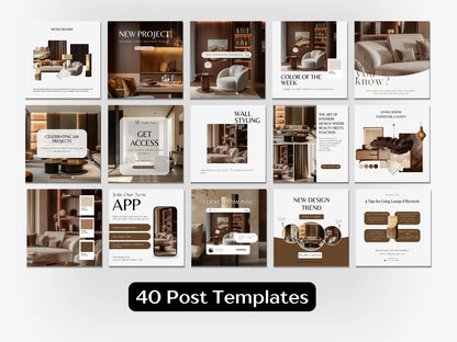Collection of 40 social media post templates featuring interior design images and text.