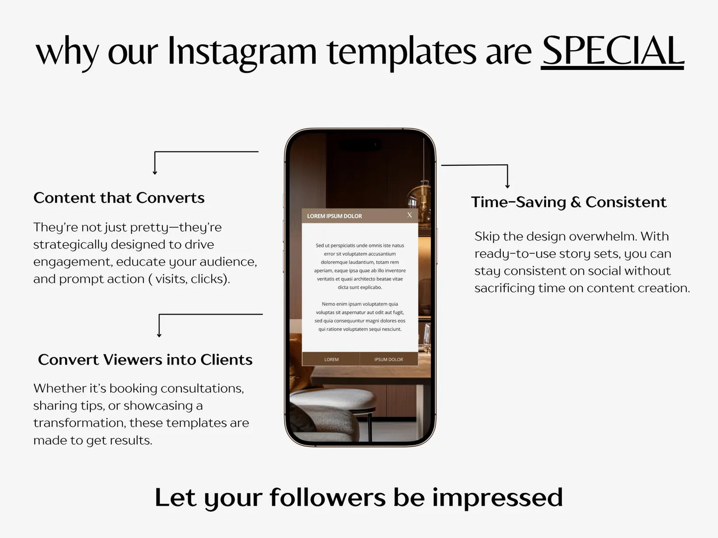 Promotional graphic for Instagram templates with a phone displaying a website on a white background.