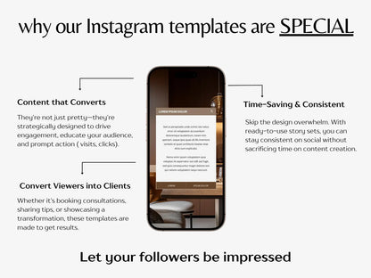 Promotional graphic for Instagram templates with a phone displaying a website on a white background.