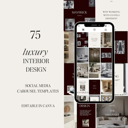 Phone displaying a collage of interior design images with text about luxury interior design templates.