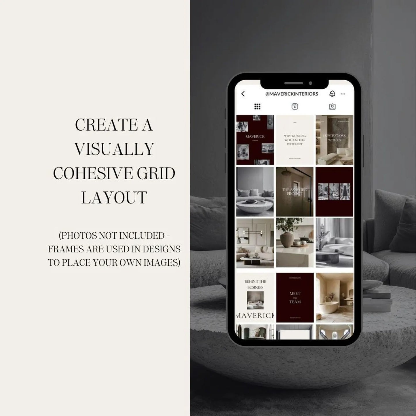 Phone screen displaying a grid layout with interior design images, text on the left about creating a grid layout.