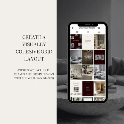 Phone screen displaying a grid layout with interior design images, text on the left about creating a grid layout.