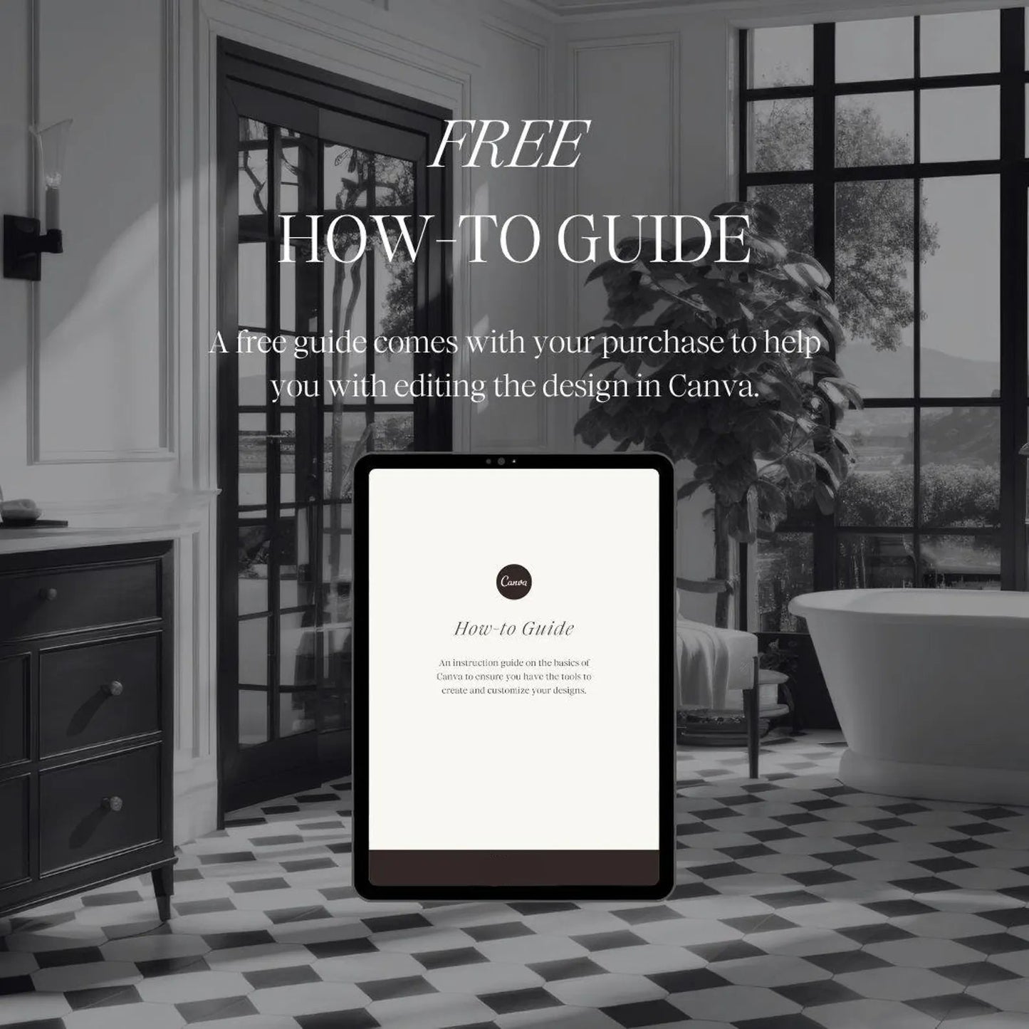 Bathroom interior with a tablet displaying a Canva how-to guide.