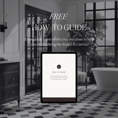 Bathroom interior with a tablet displaying a Canva how-to guide.
