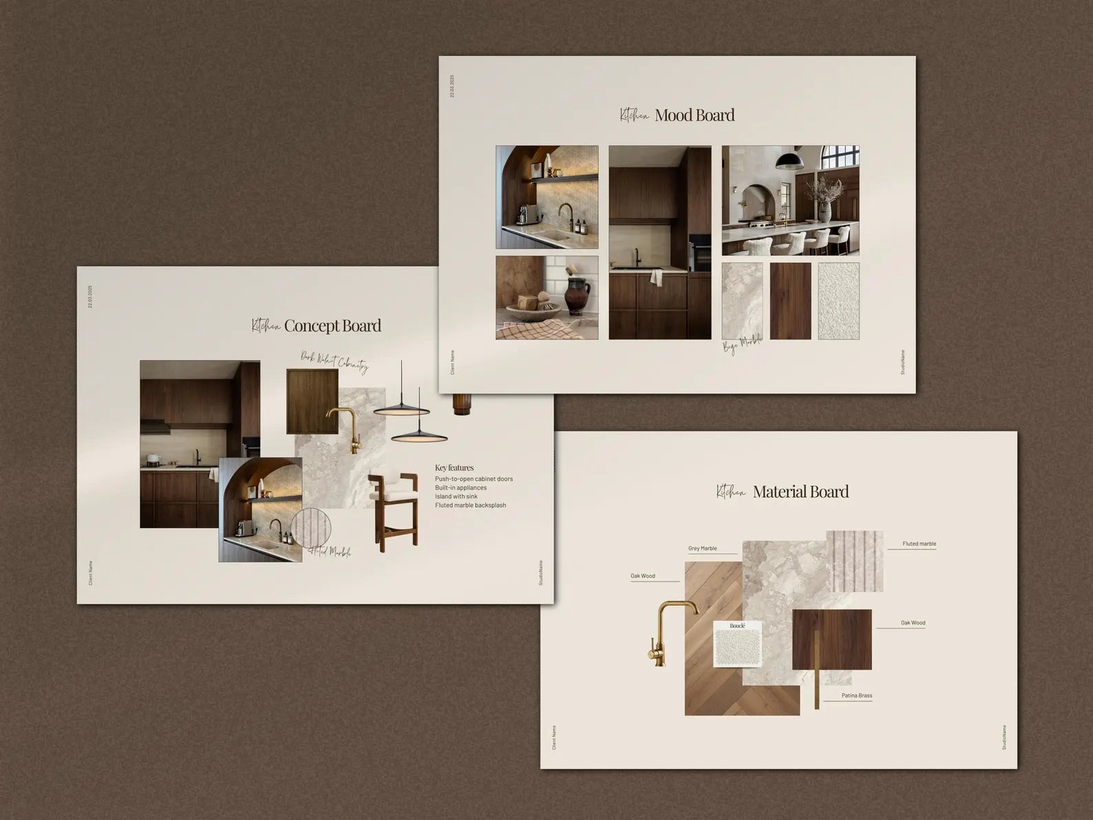 Three design boards titled 'Mood Board', 'Concept Board', and 'Material Board' on a brown background.