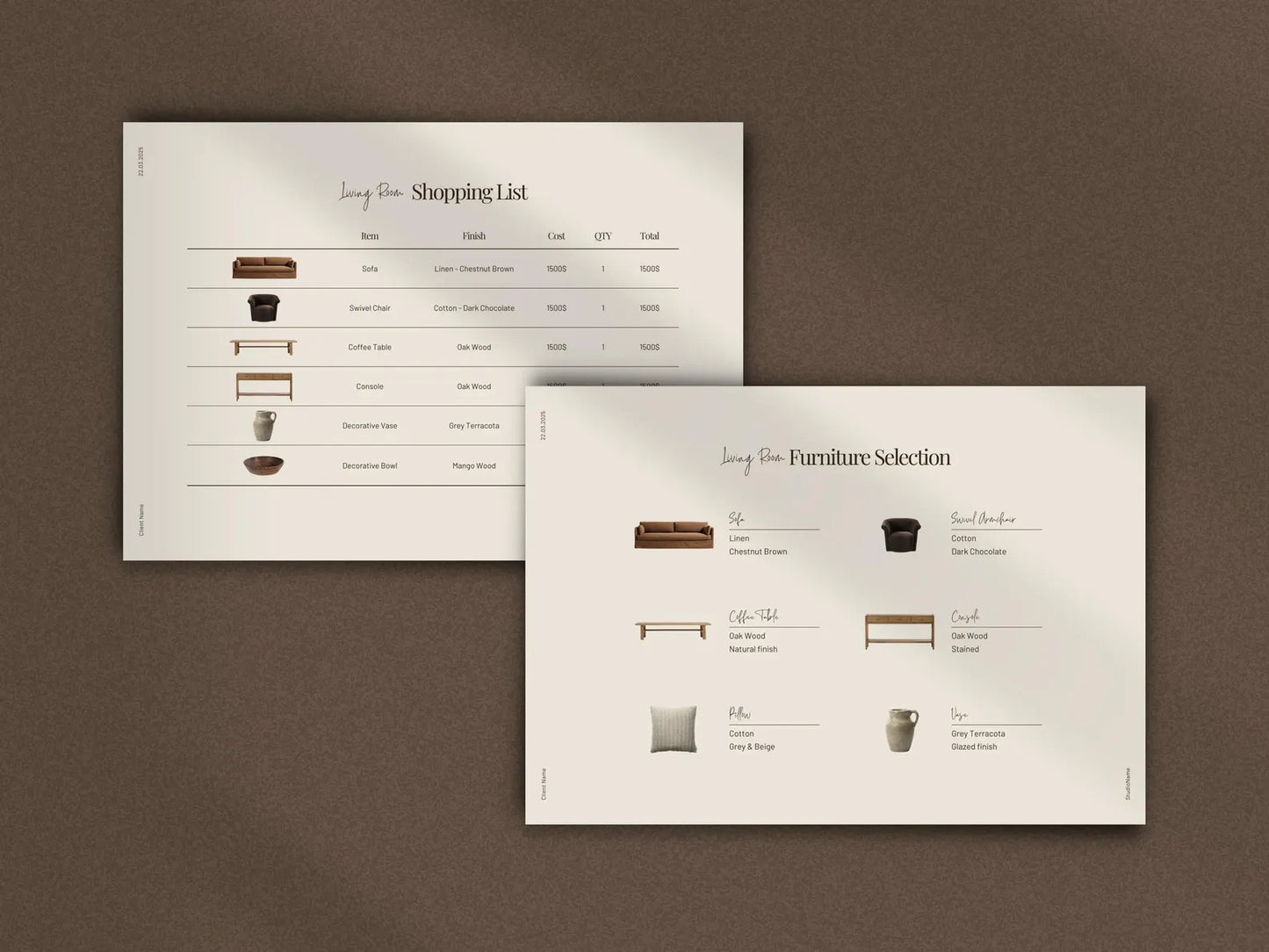 Two sheets of paper with furniture selection and shopping list on a brown background