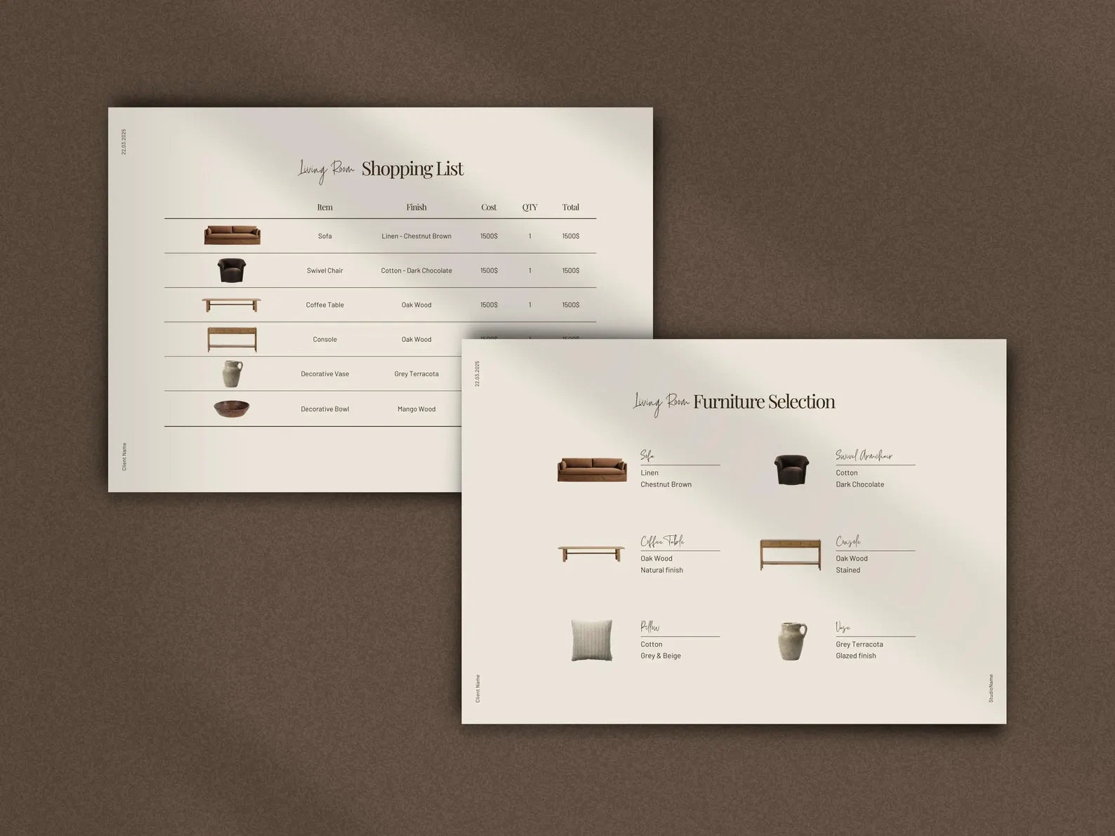 Two sheets of paper with furniture selection and shopping list on a brown background