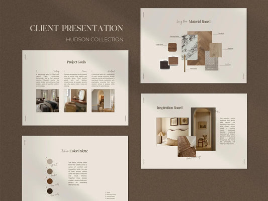 Hudson Collection design presentation with project details, material board, inspiration board, and color palette on a brown background.